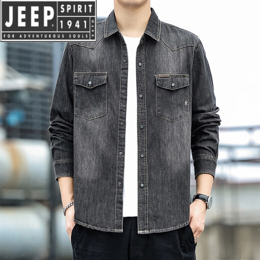 JEEP SPIRIT吉普精神牛仔衬衫男士春秋款时尚宽松休闲长袖衬衣外套百搭 浅蓝 2XL