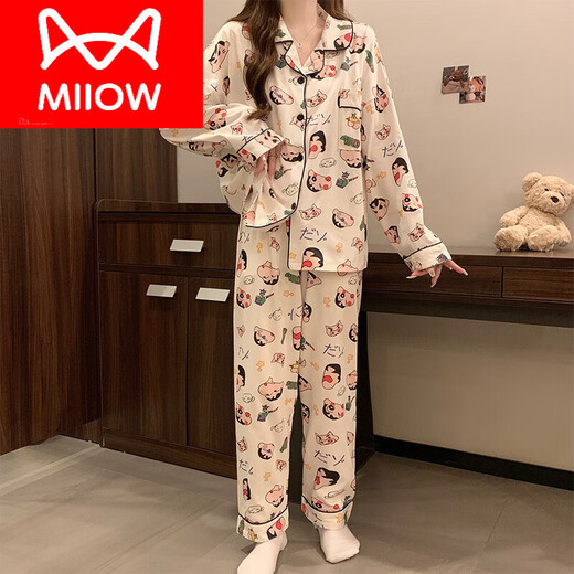 Cat Man (Miiow) Pyjamas mit Brustpolster für Frauen im Frühling, Herbst und Winter reines Baumwoll süßer Cartoon Langarm Lose Sommer Neues Stil Kleidung 02 A724 Kätzchen weiß [mit Brustpolster] M 160