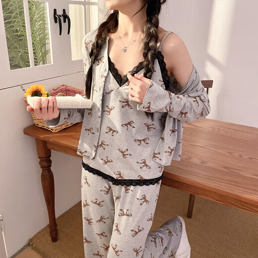 
S.SOFEA spring and summer women's pajamas three-piece set with chest pad lace long-sleeved home clothes for outdoor wear. Three-piece set WX13807 black (with chest pad) 170 M (80-100Jin [Jin equals 0.5 kg])
