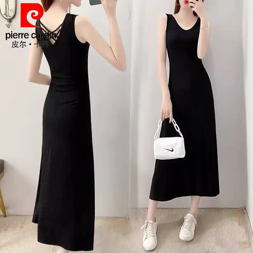 皮尔卡丹（pierre cardin）莫代尔面料2025夏季新款美背显瘦气质修身连衣裙长款法式吊带裙女 3880#黑色 3XL 建议【131-145斤】购买