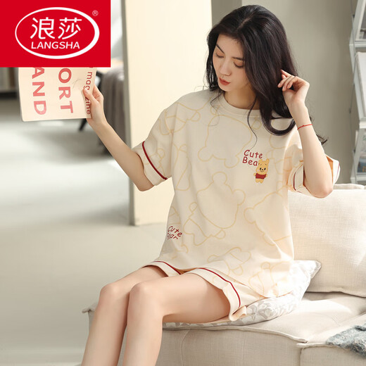 浪莎（LangSha）睡衣女款夏季纯棉短袖短裤甜美薄款全棉休闲学生家居服套装舒适时 YZ9892 7502 M 【 建议80-100斤穿】