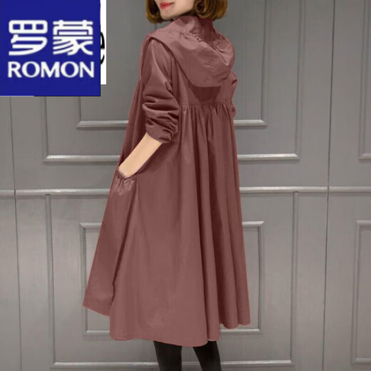 ROMON (ROMON) light luxury women's hooded windbreaker for women 2024 spring and autumn new Korean casual women's mid-length over-knee jacket for women with lilac caramel color XL Recommended 120-135 Jin [Jin equals 0.5 kg]