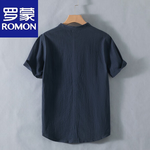 Romon Henry collar linen short-sleeved shirt men's collarless men's cotton and linen shirt t-shirt top polo shirt summer Chinese style RC210 black M