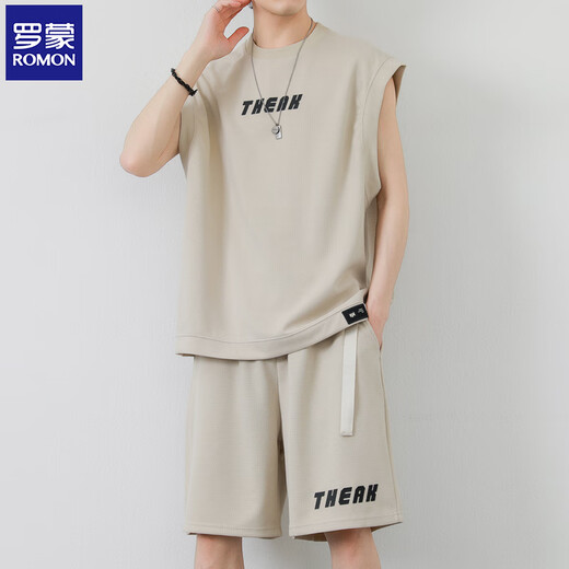 Romon Waffle Casual Anzug Herren Sommer Neue trendige ärmellose Weste Lose T-Shirt Sport Fünf-Punkte-Shorts Black LM5155 S