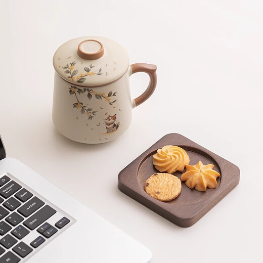 Jinpan Ru Kiln Ceramic Tea Cup Personal High-end Tea Separator Cup with Cover and Handle Teapot Office Home Ru Kiln Tea Cup + Walnut Coaster