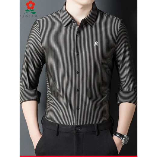 Montagut Herren Mulberry Seide Langarmed Hemd im Herbst Dad Casual Striped Revers Shirt Männer 9928-Black M 165 Geeignet für 100-115jin [Jin gleich 0,5 kg]