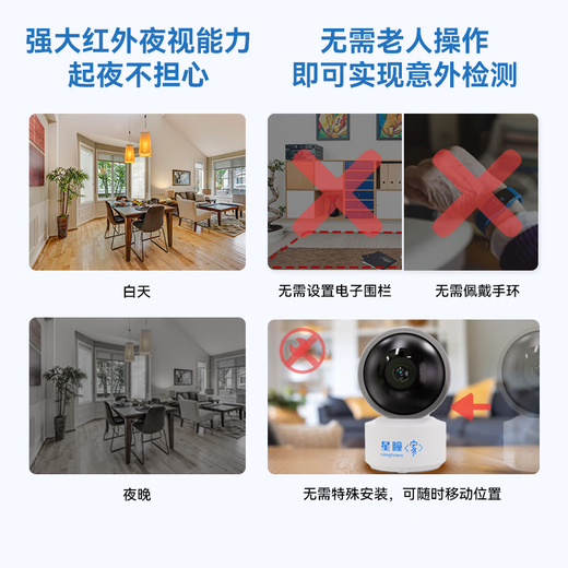 Xingtong home smart camera, fall detection and fall radar, automatic alarm for elderly, infant and child monitoring and care, AI black technology anti-fall, two-way call, 5 million HD WiFi version, 20 days video playback, 64G memory card