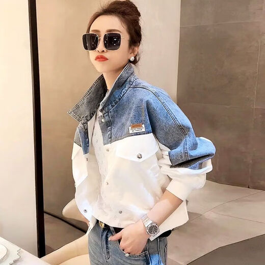 FHHUABD抖音牛仔外套女春秋新款拼接绣花撞色牛仔衣服女装夹克潮 9926#图片款【蓝色】 M 【建议101--115斤】
