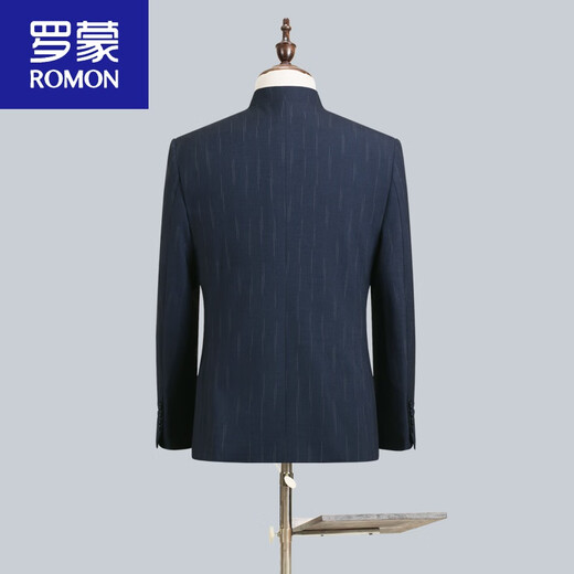 ROMON Chinese stand collar suit, Chinese tunic suit for men, striped Tang suit for father-in-law's wedding banquet, Chinese dress for father, dark blue top + pants + shirt + pocket square, etc. M