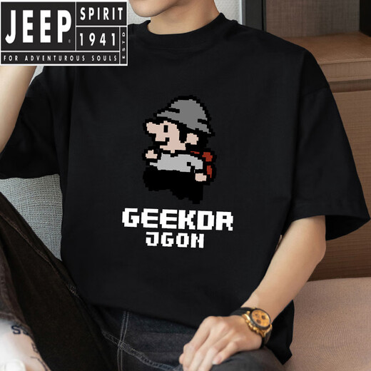 Jeep Spirit260g Camiseta de manga corta pesada Top de cuello redondo de gran tamaño con algodón de algodón con estampado de píxeles M09-693 Black L