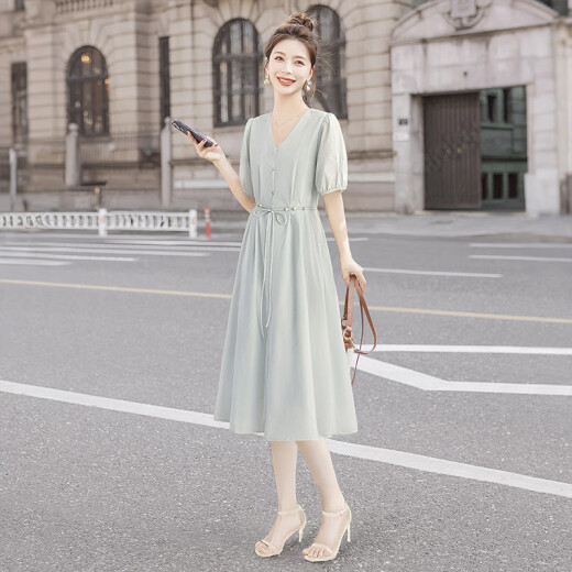 
Silk Cypress V-neck Dress 2025 Summer New Women's Waist Lace Ties Gentle Sweet and Fashionable Mid-length Skirt