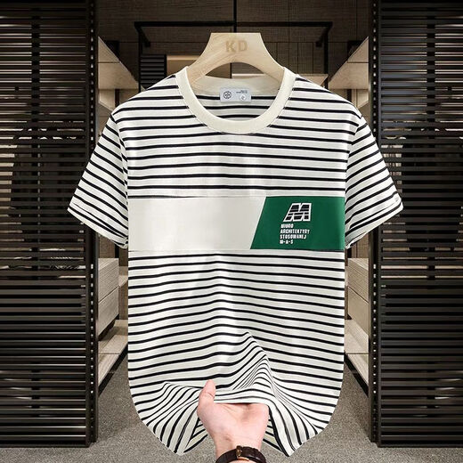 
Commander Bear 2025 short-sleeved T-shirt trendy striped men's versatile top Khaki breathable sweat-absorbing cotton 9898 M