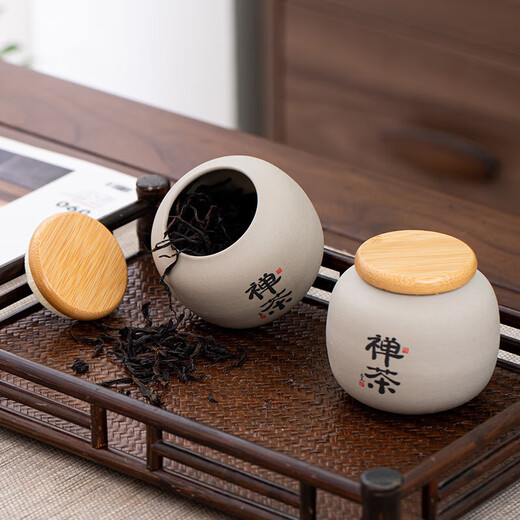 Tea jar ceramic sealed jar household Pu'er special price tea jar wake-up tea jar storage jar portable travel tea set coarse pottery bamboo lid tea jar - Xiao Qinghuan