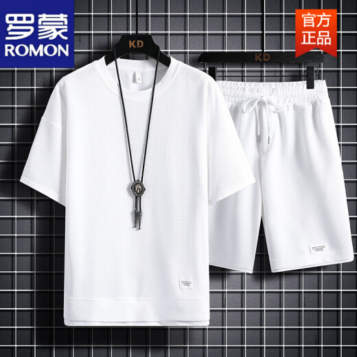 罗蒙（ROMON）重磅华夫格短袖T恤男夏季宽松大码运动短裤套装工作服圆领透气潮 829黑色【套装】 M 100-120斤