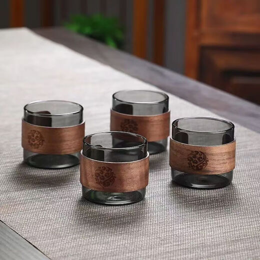 Snap tea cup anti-scalding glass tea cup 100ml set heat-resistant tea set high borosilicate glass insulated cup transparent black 6 pieces + cup holder