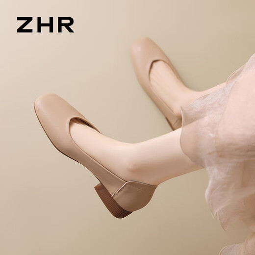 ZHR平底单鞋女气质方头通勤风豆豆女鞋舒适轻便百搭一脚蹬AH677 杏40