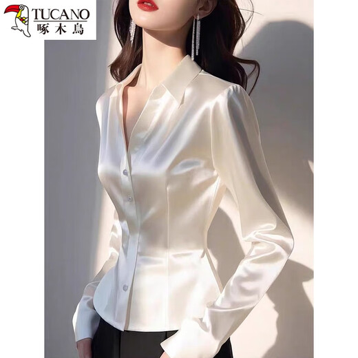 Woodpecker French age-reducing light luxury high-end foreign-style white commuting acetate satin waist shirt tops for women spring white high quality L