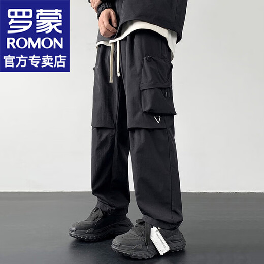 罗蒙（ROMON）美式工装休闲裤男士2024夏季薄款简约拼接直筒阔腿裤子男裤男装 K9928黑色 XL （约130-145斤可穿）