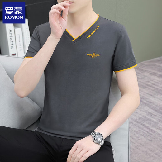 Romon V-Ausschnitt Kurzärärmelte T-Shirt für Männer Sommer V-Ausschnitt V-Ausschnitt mit V-Ausschnitt aus dem weißen Basis-Top Pfirsichkragen Außen T-Shirt Weiß Q693 Schöner neuer Stil l Gewicht 1220