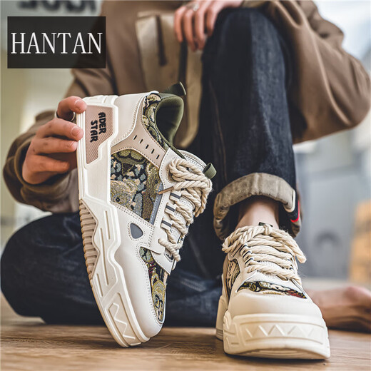 韩谈男鞋秋季透气百搭休闲设计感小众板鞋男士运动厚底增高帆布潮鞋子 米卡其 42