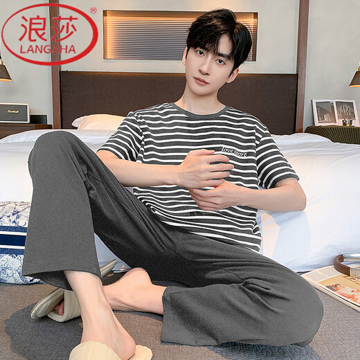 Langsha Pyjamas Herren Sommer reines Baumwoll-Kurzärärmelhosen Dünne lässige Streifen können außerhalb von Heimbekleidungsanzug y9207 93015 xl [empfohlen 130-150jin [Jin gleich 0,5 kg] tragen]