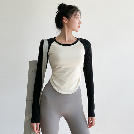 Free style yoga clothes for women, slim fit, color-blocked raglan long-sleeved T-shirts, Pilates running fitness sports tops, spring and autumn styles
