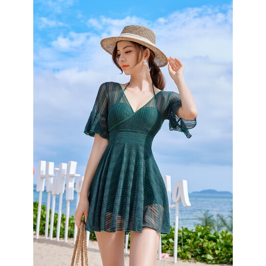 
MPPMCK swimsuit for women covering their belly and making them look slim and conservative one-piece women's large size sexy Korean ins hot spring swimsuit 12049 dark black + ice silk sleeve cover (sleeves default S size required M