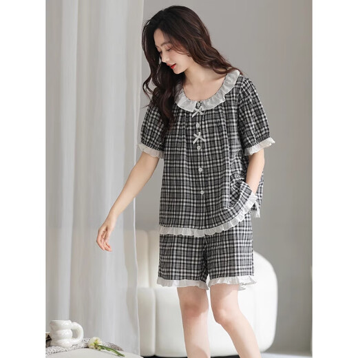 Pajamas de gaze en coton tissé de la marque Yalu pour femmes shorts en coton pur d'été, shorts minces d'été, les femmes peuvent porter un style d'été 12041 noir et blanc M (160 tailles) recommandé de porter du poids 80-100 Jin [Jin est égal à 0,5 kg]