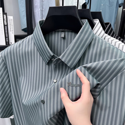 Old man's head (LAORENTOU) short-sleeved striped shirt men's 2025 summer trendy half-sleeved shirt business casual no-solution elastic elastic AN15279 gray XL