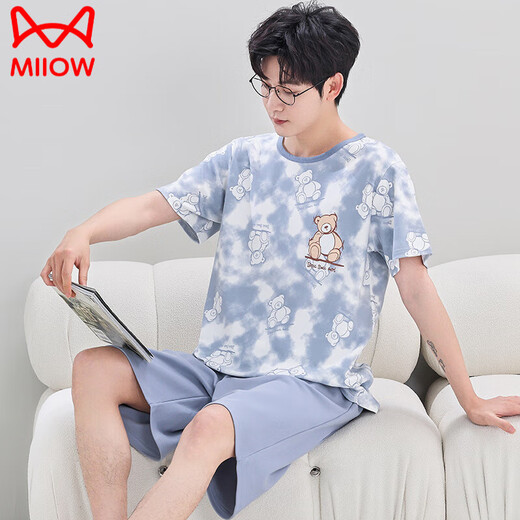 猫人（MiiOW）男士睡衣夏季纯.棉短袖短裤套装薄款韩版休闲大学生卡通家居服男 Q短袖男1396小白 M 少年(60-78斤)