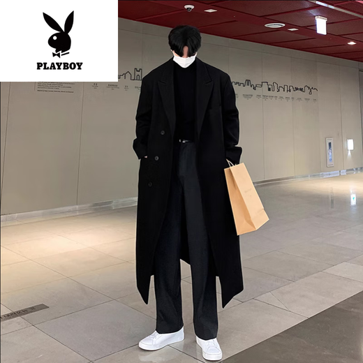 Playboy (Playboy) Осень и зимняя новая шерстяная шерсть для мужчин в среднем уровне с высоким уровнем колена высококачественной твидовой куртки корейская тренда Black Plus Plus Cotton L