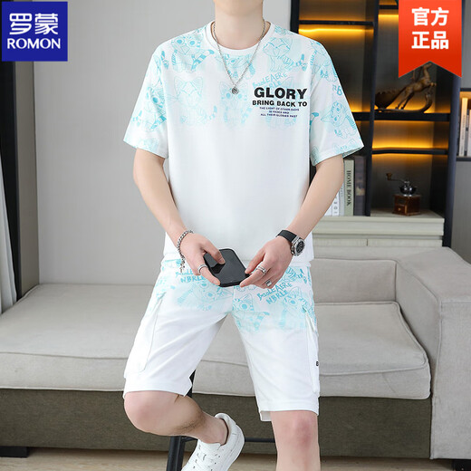 
ROMON 2025 summer new short-sleeved suit for men teenagers versatile shorts casual sports two-piece set gradient color men's clothing 6187 blue M 75-100Jin [Jin equals 0.5 kg]
