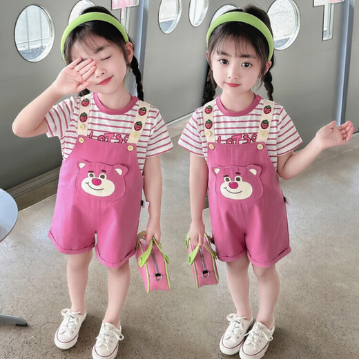 G.DUCKKIDS小黄鸭女童夏季套装儿童短袖背带裤两件套中小童女孩夏装卡通休闲 玫粉色 110 建议4~5岁【100-110】cm