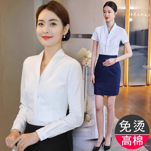 Shiyingwei short-sleeved shirt for women flight attendant interview v-neck shirt white short-sleeved shirt for women v-neck top underwear air stewardess KL9922 long-sleeved white shirt S single size