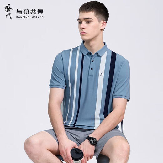 Tanzen mit dem Wolf [Tiansi] Revers Short Sleeve T-Shirt 2025 SOMMER NEUER Kontraststreifen lässig atmungsaktive Polo-Hemd 6628 Gray Blue-103 2xl (185)