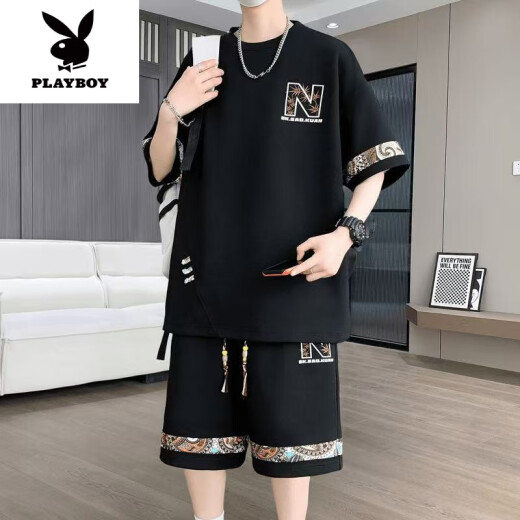Playboy (Playboy) 2025 SOMMER NEUER KOMPLEGELEEVED JUGENDE TRENDY LOARKE SIZE Casual Sports Anzug für Männer Mode vielseitige zweiteilige Set [Sommeranzug] 6195 Black XL 130-150Jin [Jin ist gleich 0,5 kg]
