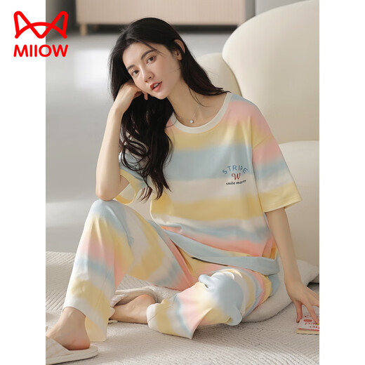 猫人（MiiOW）夏季女士短袖睡衣套装100纯棉长裤家居服全棉可外穿夏天条纹卡通 Y9711 M (建议75-95斤)
