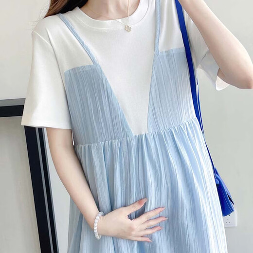 Ailantante 2025 Summer Nuevo francés Fresh Sweet Embaregant Vestido empalmado Dos faldas de suspensión de rodilla suelta azul 9889# XL recomendado 130-145Jin [Jin equivale a 0.5 kg]