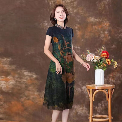 
Pinji silk cheongsam old Shanghai summer modified dress for women short-sleeved over-knee long skirt with large size fat mm slim color 9761 2XL 126 to 135 Jin [Jin equals 0.5 kg]
