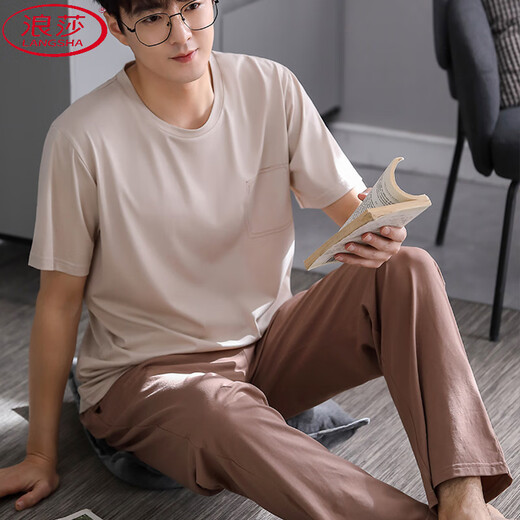 
LangSha men's pajamas summer short-sleeved trousers cotton loose plus size young middle-aged dad breathable home clothing sports suit A short-sleeved trousers men 2677 L men (95-120 Jin [Jin equals 0.5 kg])