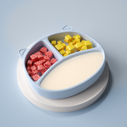 Tiantou Baby-Mahlzeitenteller mit Saugnapf, integrierter Kinder-Silikon-Strohhalm, Babynahrungsnapf, Anti-Fall-geteilter Teller, Geschirr-Set, himmelblauer Speiseteller (mit starkem Saugnapf)