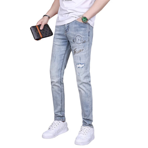 
Jiumuwang's new handsome personality retro trend embroidered print pattern versatile youth jeans men's trendy style 9855 sky blue 28