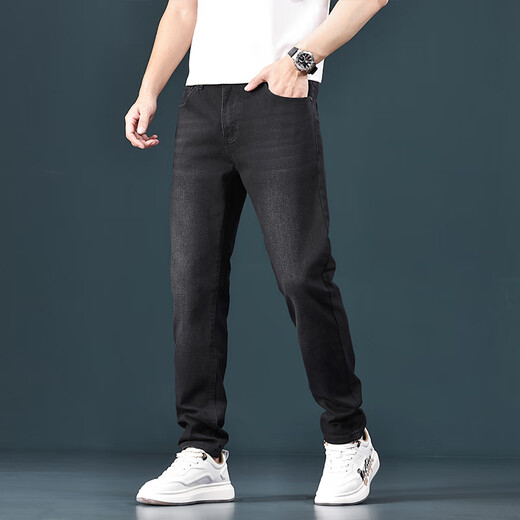 Canelin Kiskha黑色牛仔裤男春夏季男士修身小脚简约舒适高端百搭弹力休闲长裤男 1048黑色【77.9%棉】 30 码