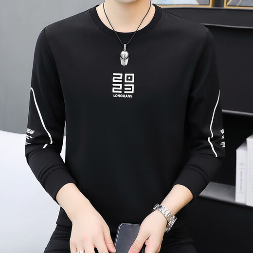 常缕竺男士薄款卫衣春秋新款圆领打底衫中青年时尚长袖T恤衫百搭潮流 焦糖XQ9905【不加绒】 L