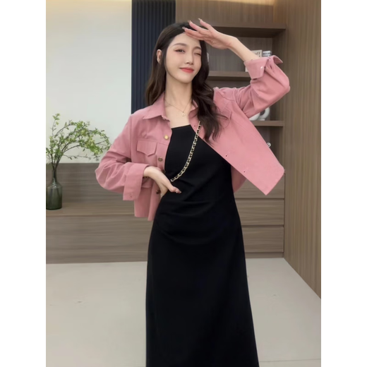 Otoño Moonlight Yiren Primavera Nuevo 2025 Primavera Nueva chaqueta de camisa cepillada de estilo coreano para mujer Falda con tirantes plisada Conjunto de dos piezas de moda Chaqueta marrón + falda larga de color albaricoque-9852# Conjunto M 98-108Jin Jin es igual a 0,5 kg