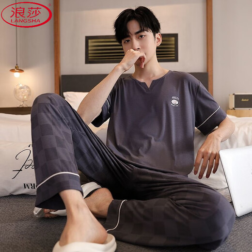 浪莎（LangSha）柔软舒适莫代尔棉睡衣男士夏季短袖长裤两件套大码家居服宽松薄款 XM9902-A莫代尔短袖长裤男 L 男100-125斤