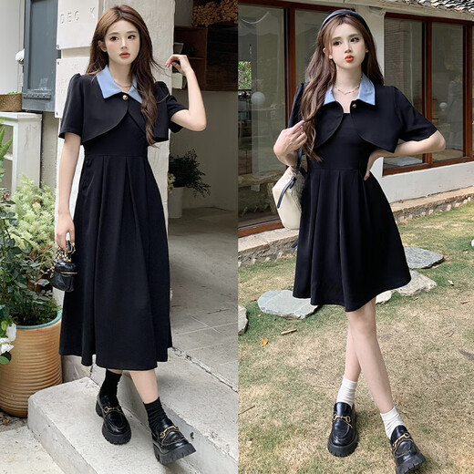 Rongxitu official picture real-price jacket + vest skirt Hepburn style black dress for women summer French temperament suspender skirt cover #829 short two-piece set M
