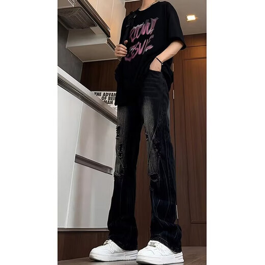 POUM jeans men's summer new washing ripped lightning pattern American retro slim casual pants men TYFS-Y9195 yellow S