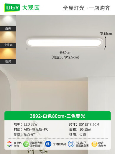 Gangleuchte, Flurleuchte, LED-Deckenleuchte, moderne, einfache, nordische, lange Wohnzimmerleuchte, Arbeitszimmer-Balkonleuchte, Leuchte J263. Kaufen Sie 3892-Weiß 80 cm, dreifarbige Dimmung 32 W