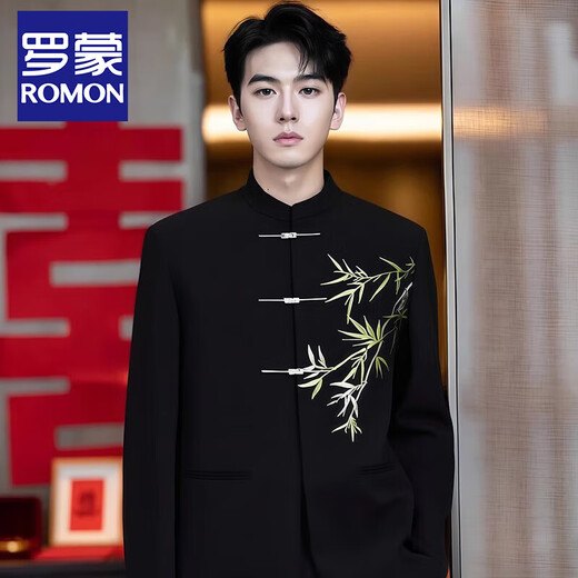 ROMON New Chinese Style Engagement Suit for Men Spring and Autumn New Embroidered Mao Suit Toast Suit Men's Dress Groom's Suit Black Suit XL (161Jin Jin equals 0.5kg -180Jin Jin equals 0.5kg)